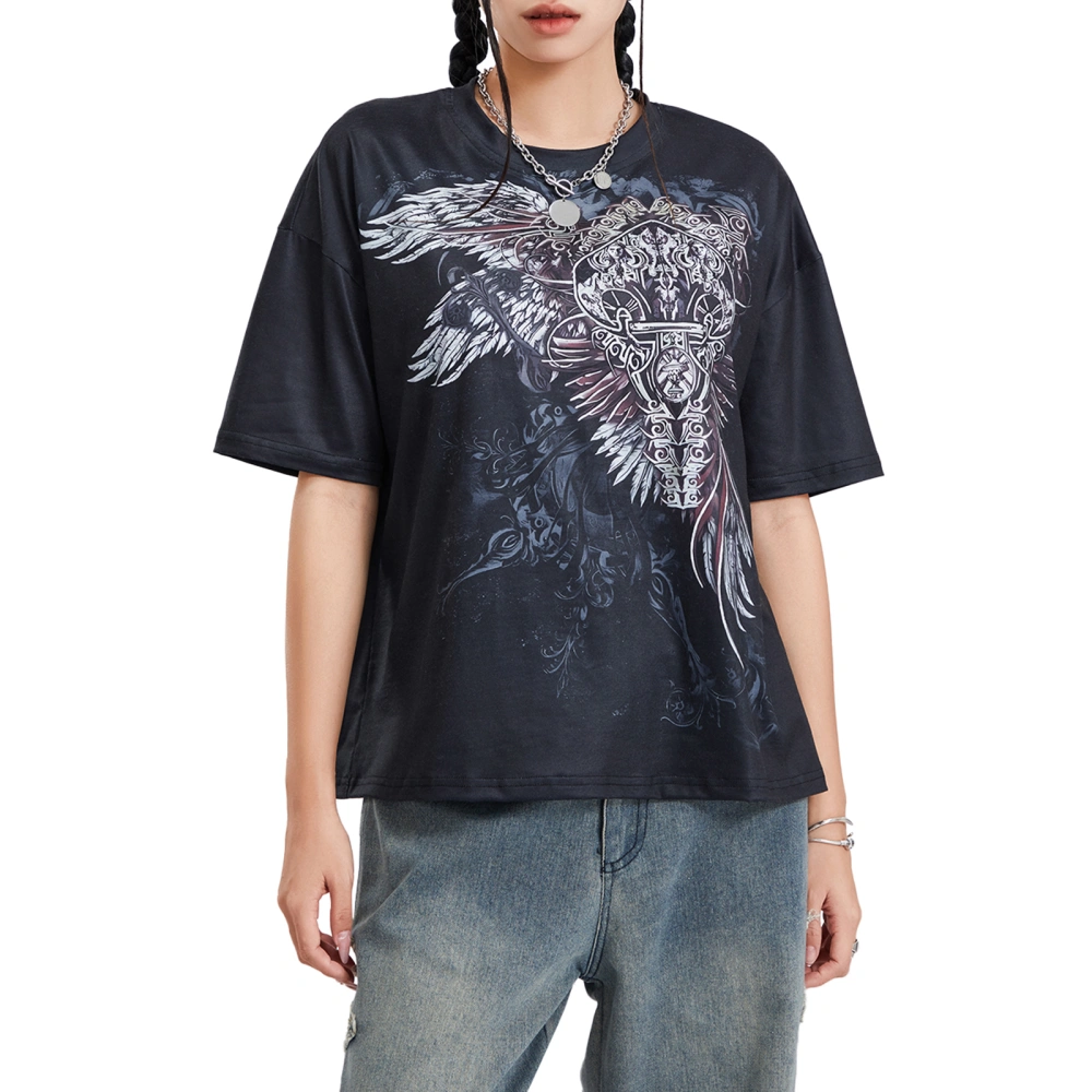 Women's Summer Short Sleeve Vintage Cross Wing Print Gothic Tops