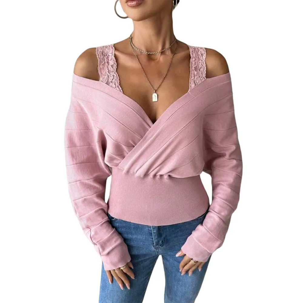 Women's Cold Shoulder Sweaters Long Sleeve Wrap V Neck Knit Tops