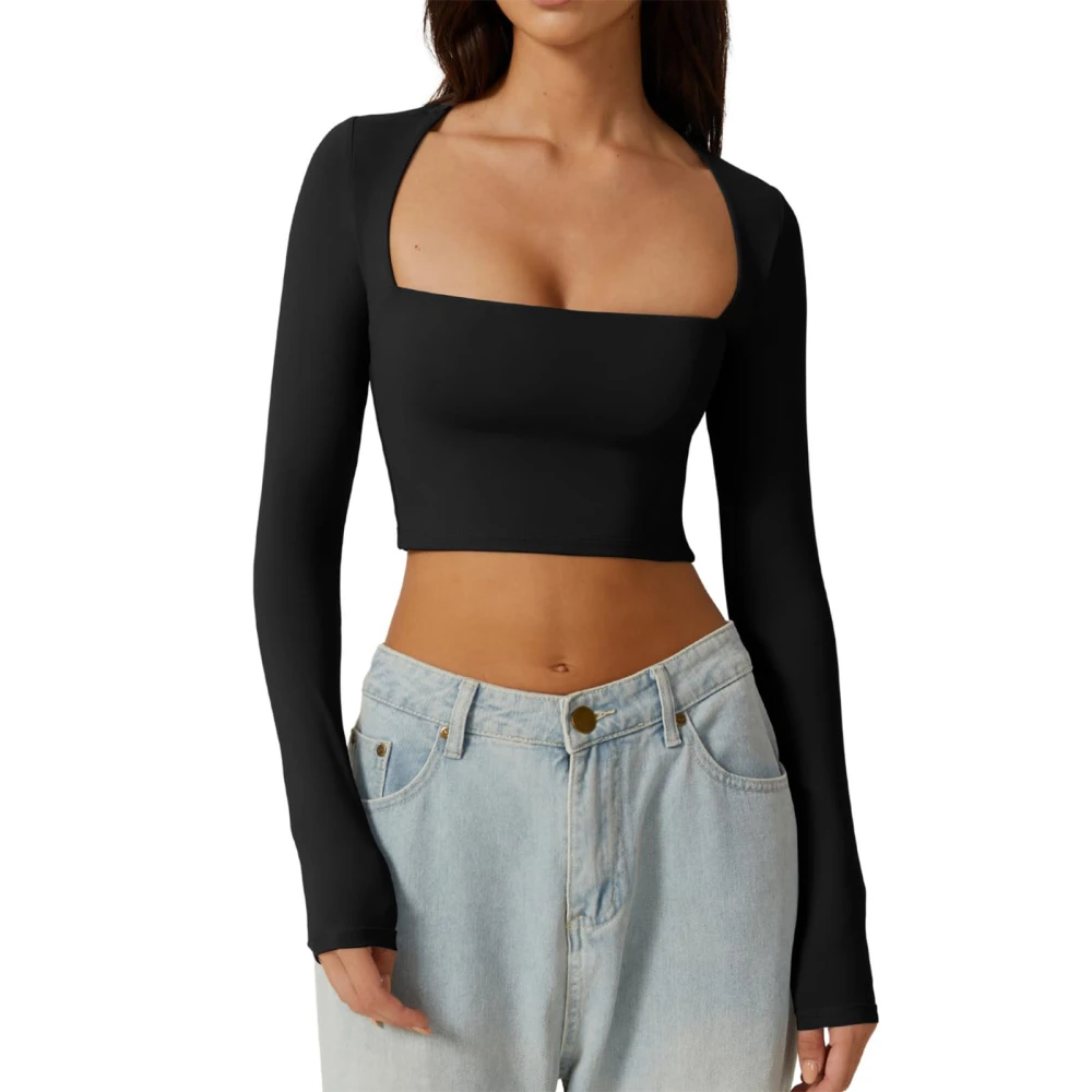 Women T-shirt, Long Sleeve Square Neck Solid Slim Ladies Crop Top