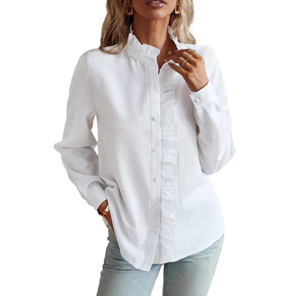 Women's Autumn Long Sleeve Solid Color Ruffle Collar Button Up Shirt