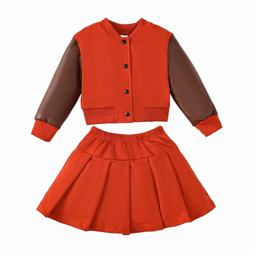 Toddler Girl Two Piece Outfit Button Baseball Jacket and Pleated Skirt