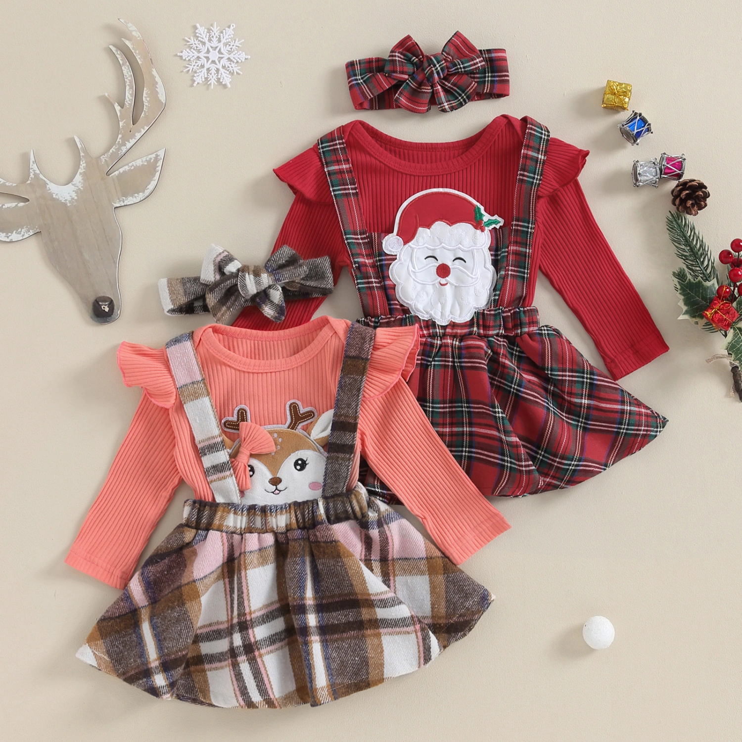 Girls Christmas Outfit Elk/Solid Romper Plaid Suspender Dress Headband