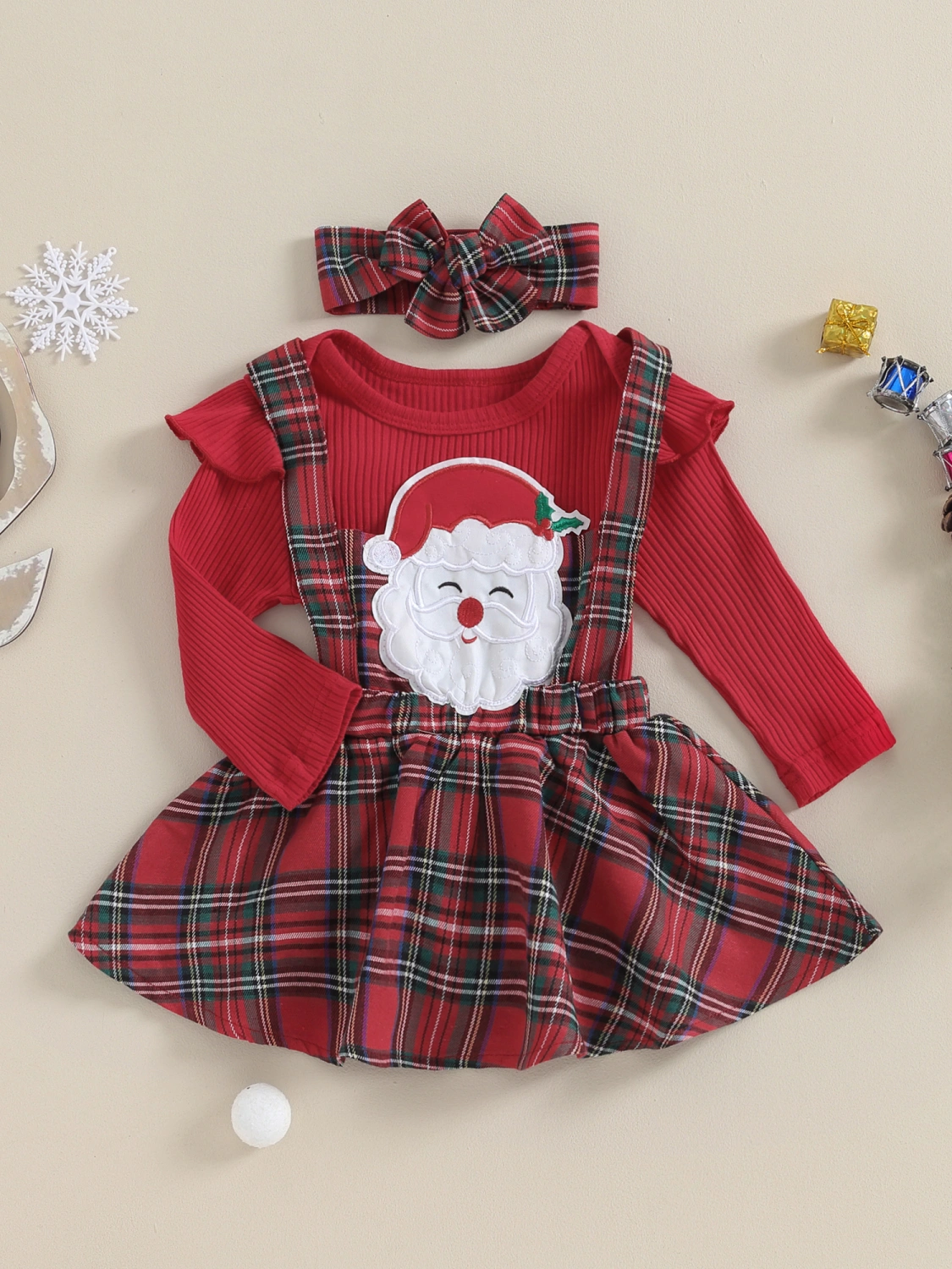 Girls Christmas Outfit Elk/Solid Romper Plaid Suspender Dress Headband