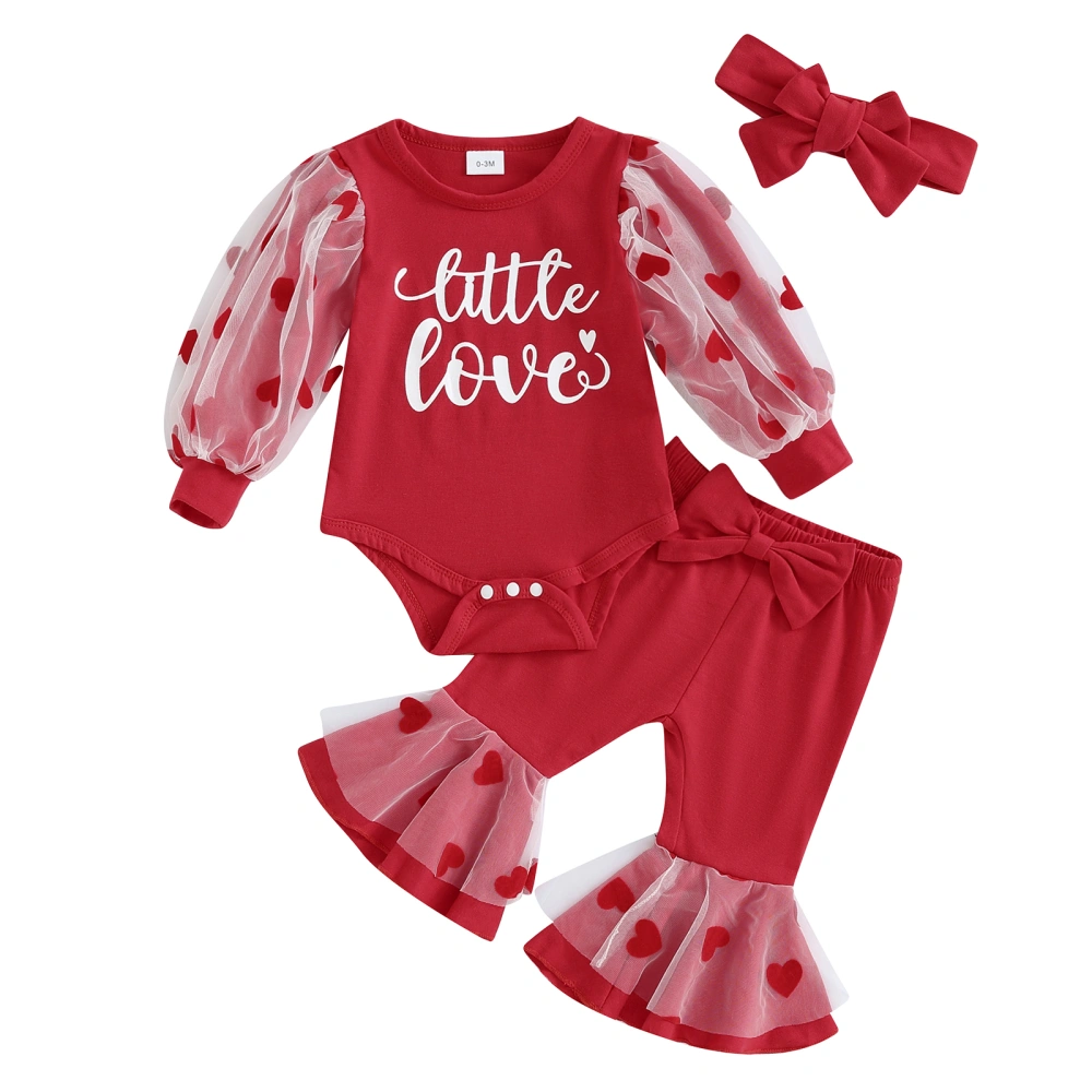 Baby Long Sleeve Heart Print Romper Red Flared Pants Headband Set