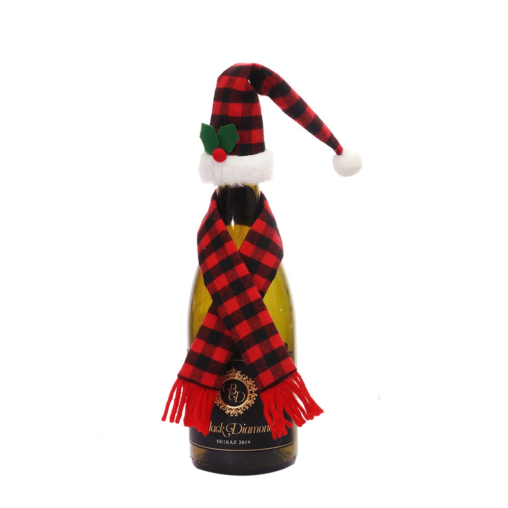 Christmas Wine Bottle Cover, Plaid Print Hat with Scarf Bottle Sleeves