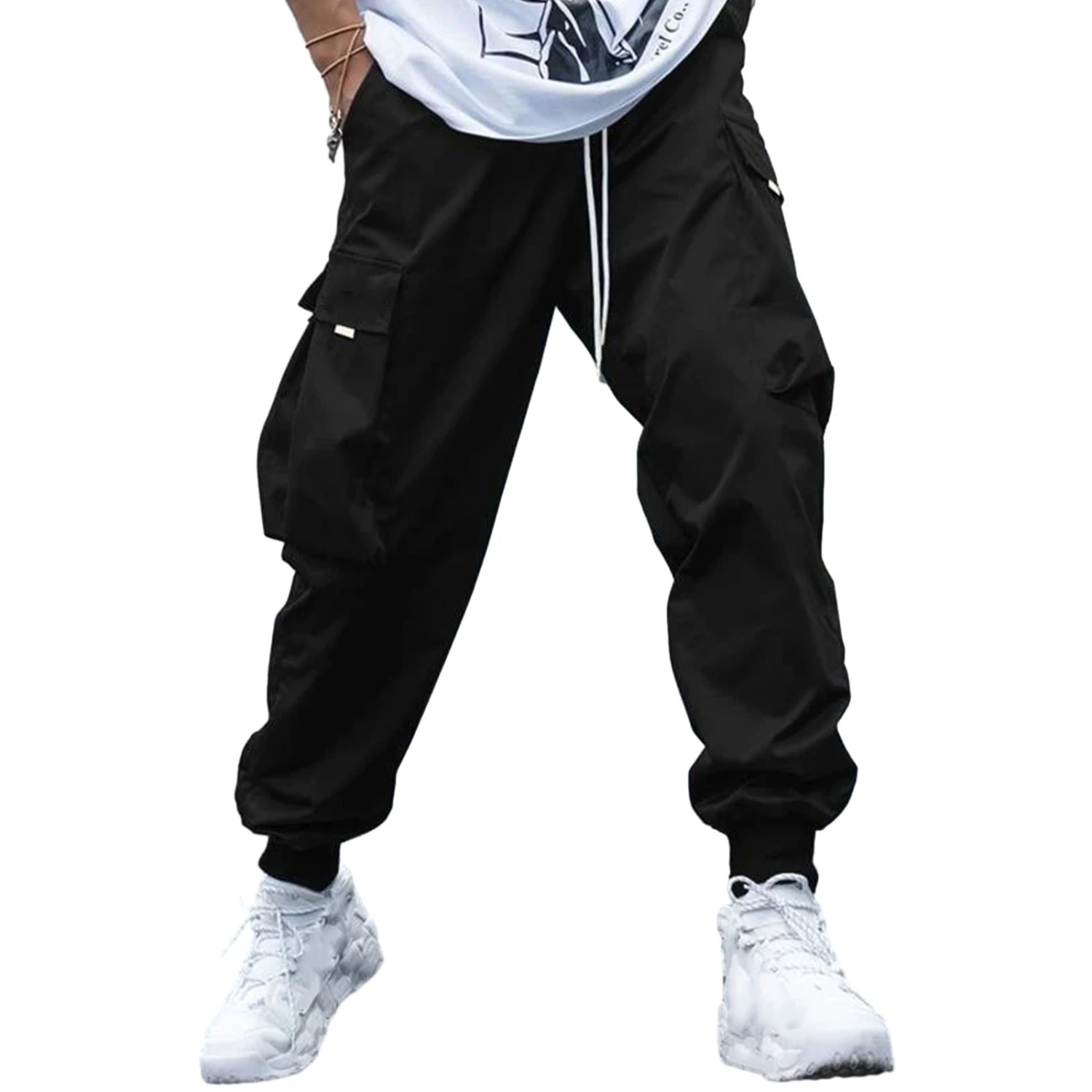 Men Cargo Pants, Elastic Hem Patchwork Casual Pants with Pockets