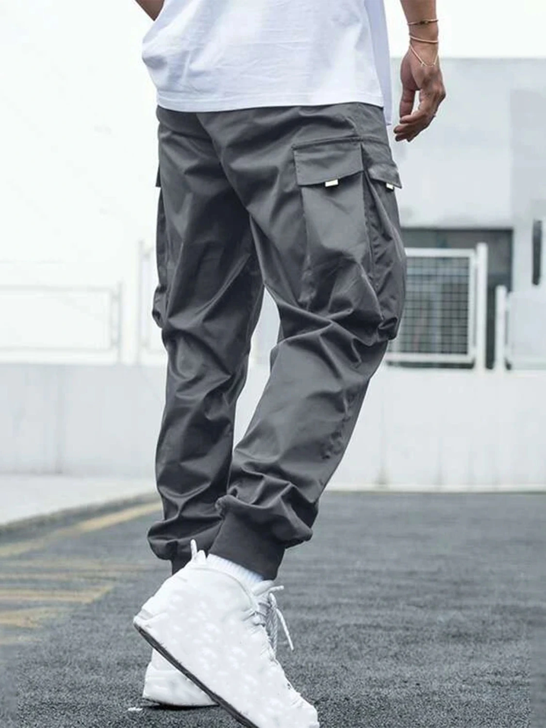 Men Cargo Pants, Elastic Hem Patchwork Casual Pants with Pockets