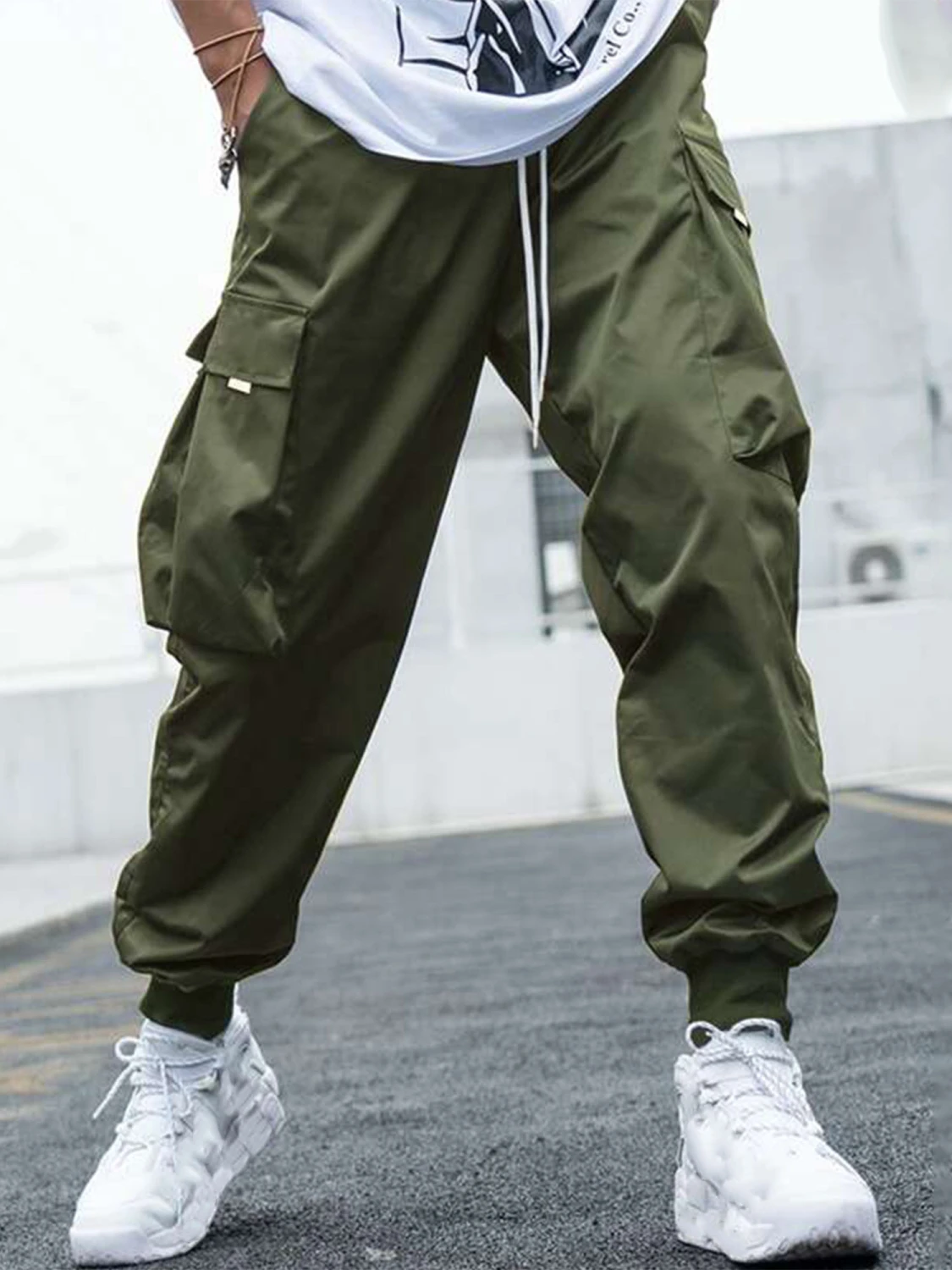 Men Cargo Pants, Elastic Hem Patchwork Casual Pants with Pockets