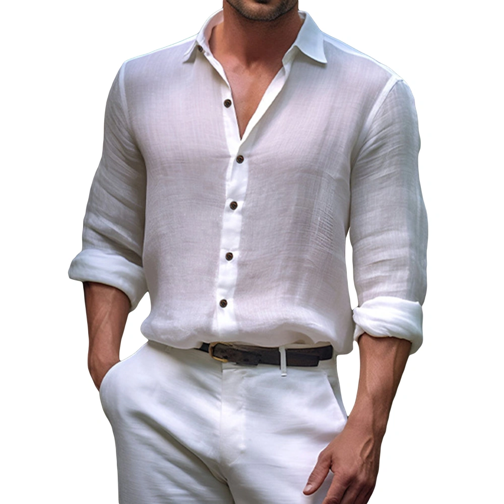 Men's Casual Lapel Collar Shirt, Solid Long Sleeve Loose Blouse 