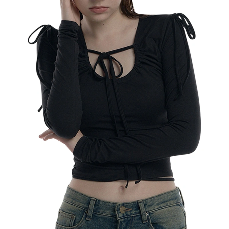 Women's Strappy Crop Tops Long Sleeve Front Drawstring T-Shirts