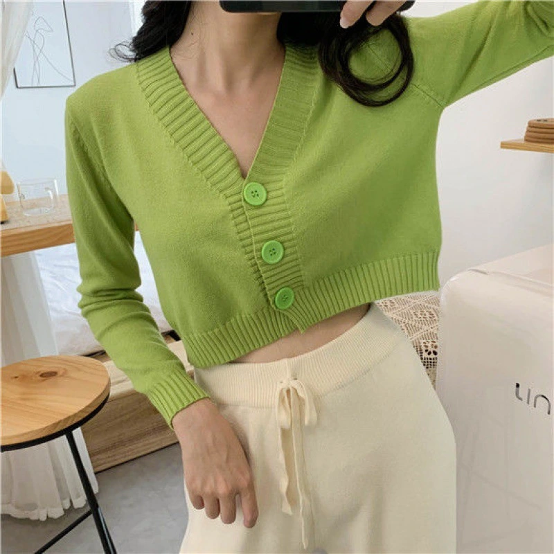 Women Long Sleeve Sweater Cardigan Sexy V-Neck Button Down Cropped Jacket Sweet Solid Candy Color Loose Knitted Coat LYD