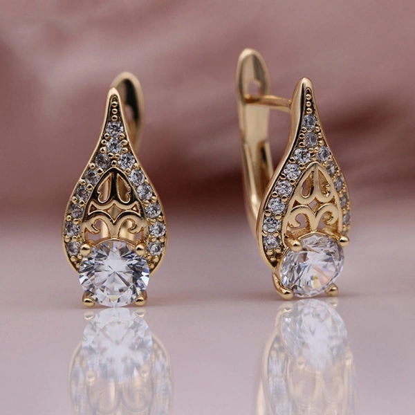 Gold Hollow Water Drop Double Goats' Horn Zircon Earrings for Women