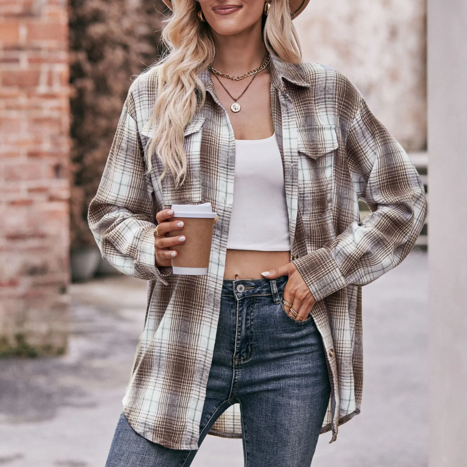 Women's Autumn Winter Coat Casual Fashion Loose Plaid Shirt