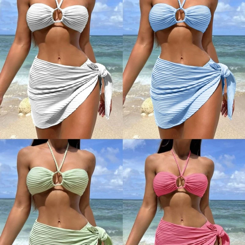 Bikini New Sexy Swimsuit Three-piece Gauze Skirt Halter Solid Color