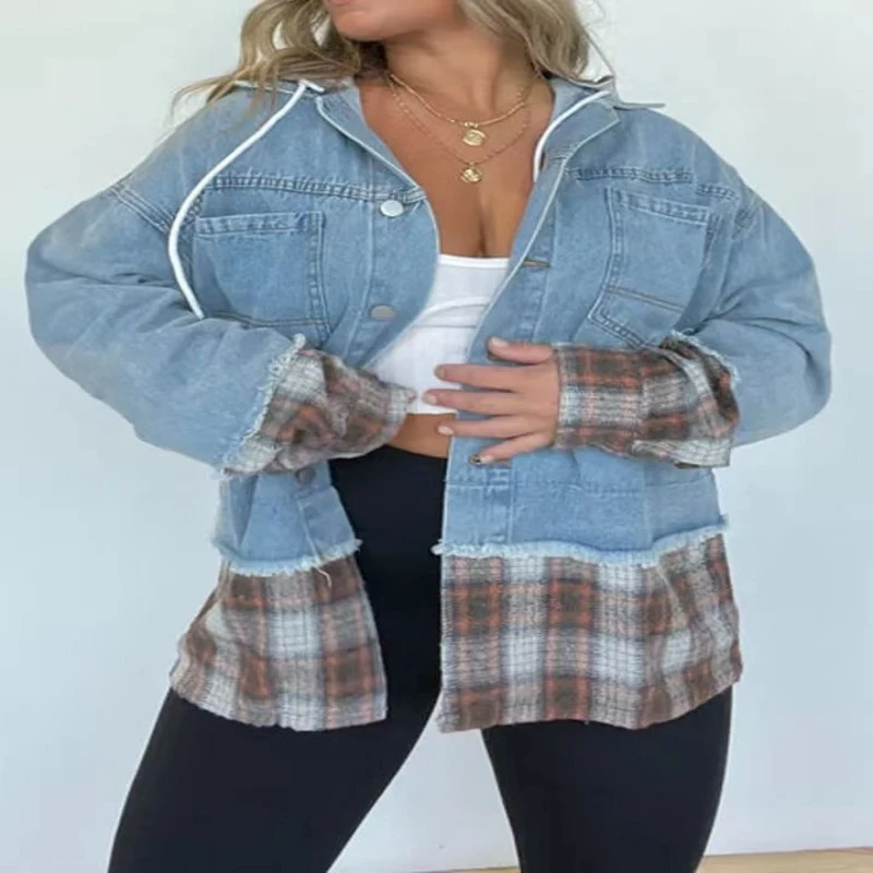 Women's Fashion Casual Denim Plaid Coat