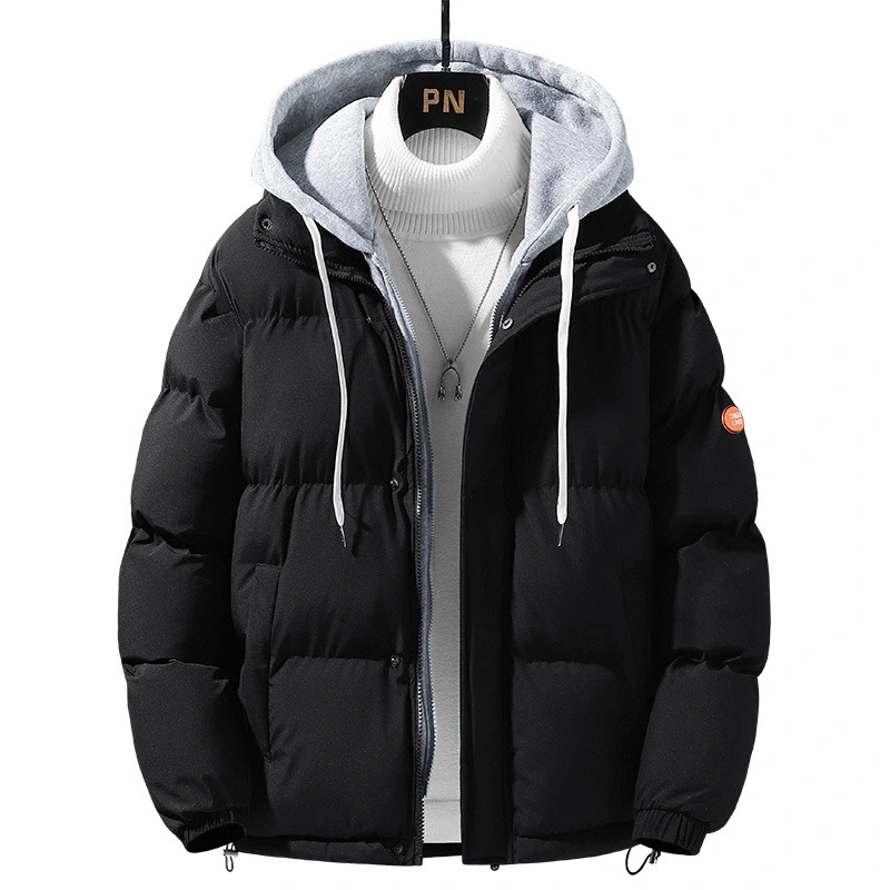 Fashion Hooded Jacket Men Winter Windproof Thickened Fake Two-piece Coat Solid Leisure Sports Cotton Jacket