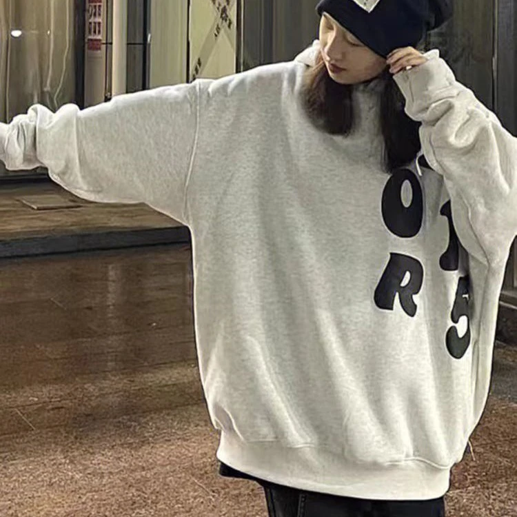 White Gray Pure Cotton Hooded Sweater With Plush And Thickened