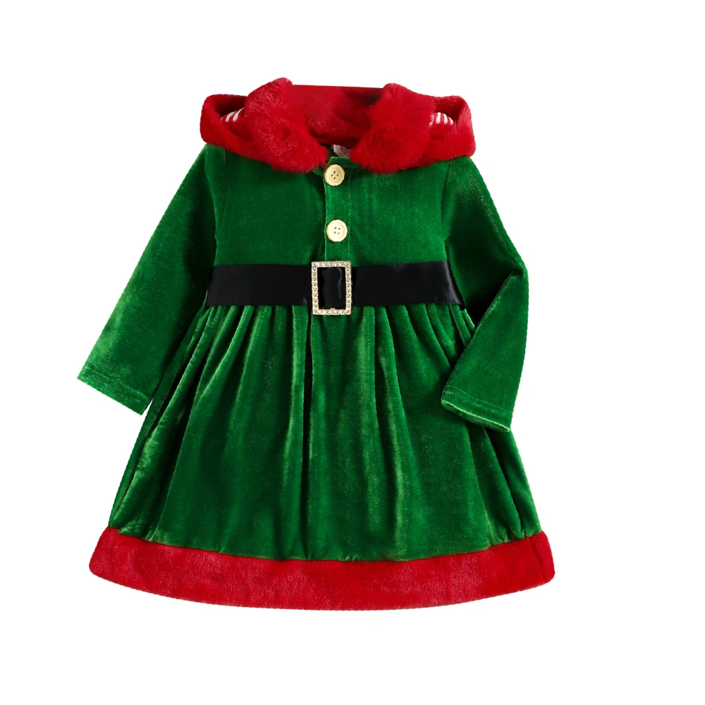 Girl Elf Costume Dress, Contrast Color Long Sleeve Hood A-Line Dress 