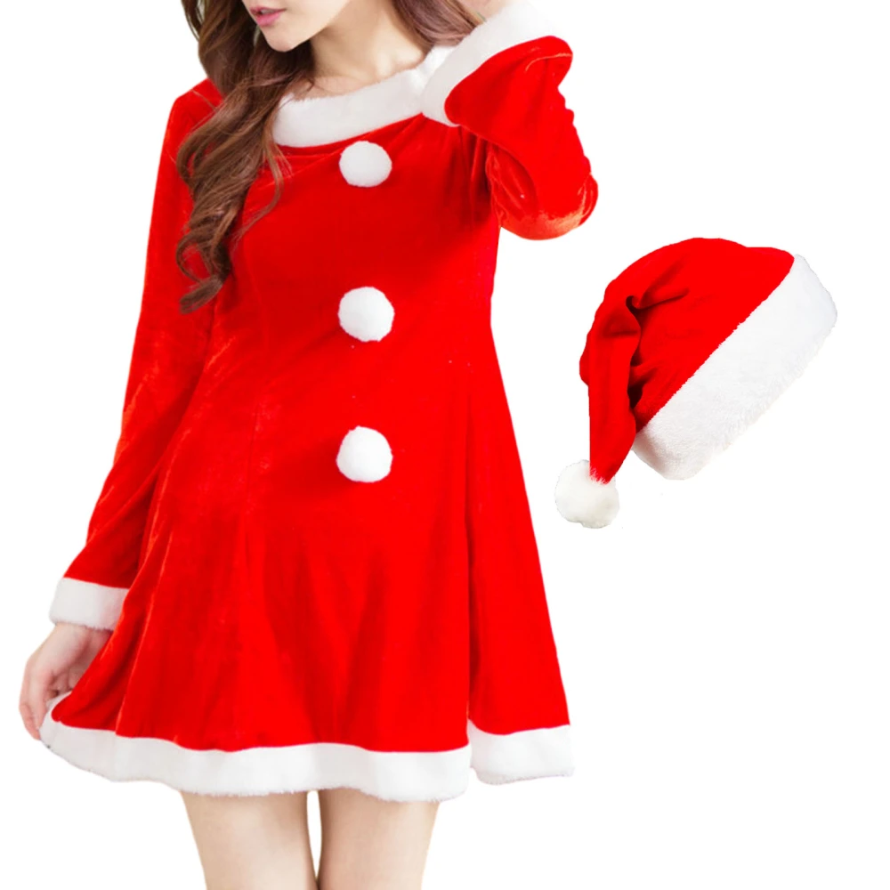 Santa Mini Dress for Women, Plush Ball Decor Costume + Hat +Bag