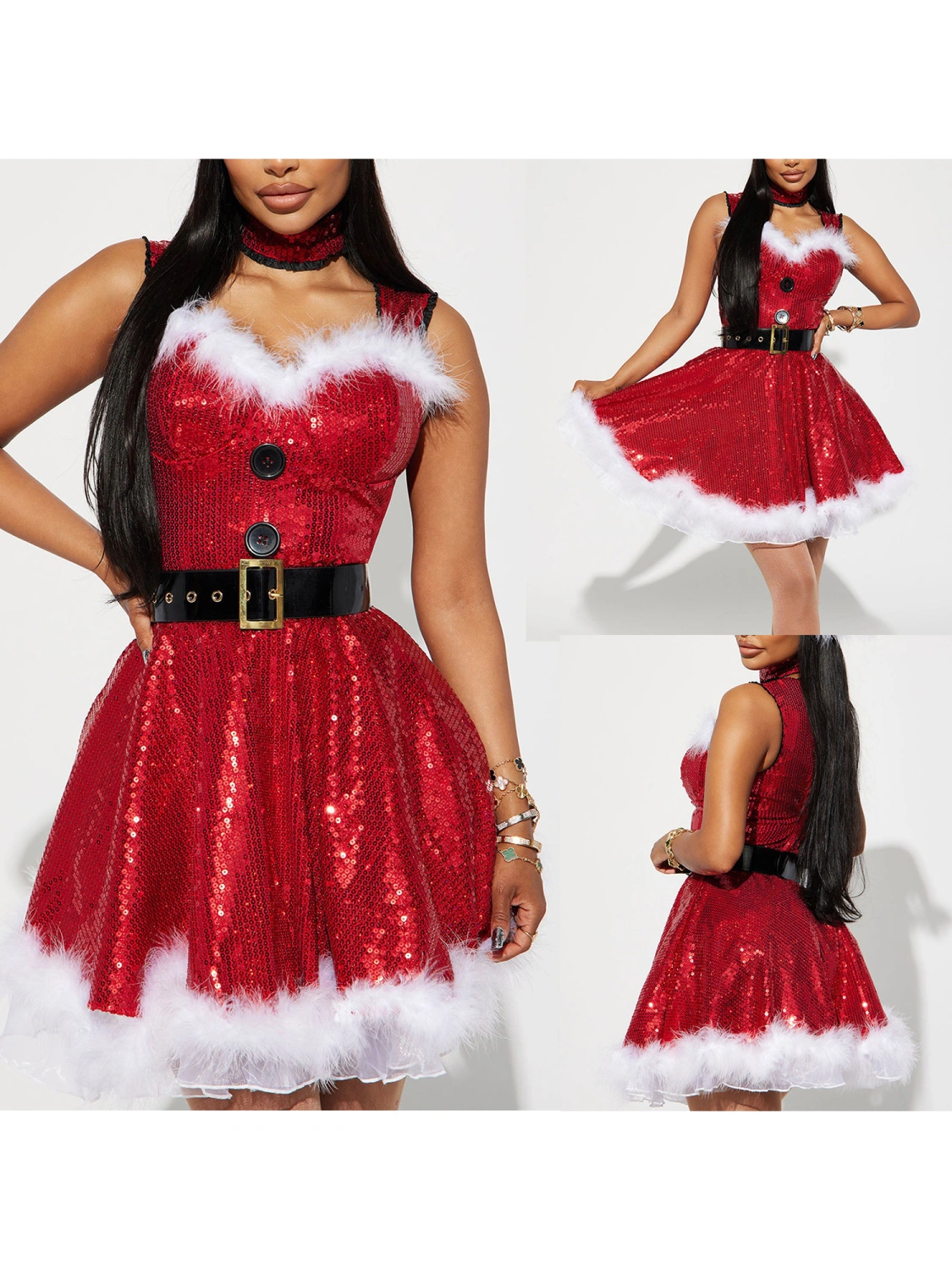 Women Christmas Costume, Sequined Patchwork Belted Slip Dress Choker