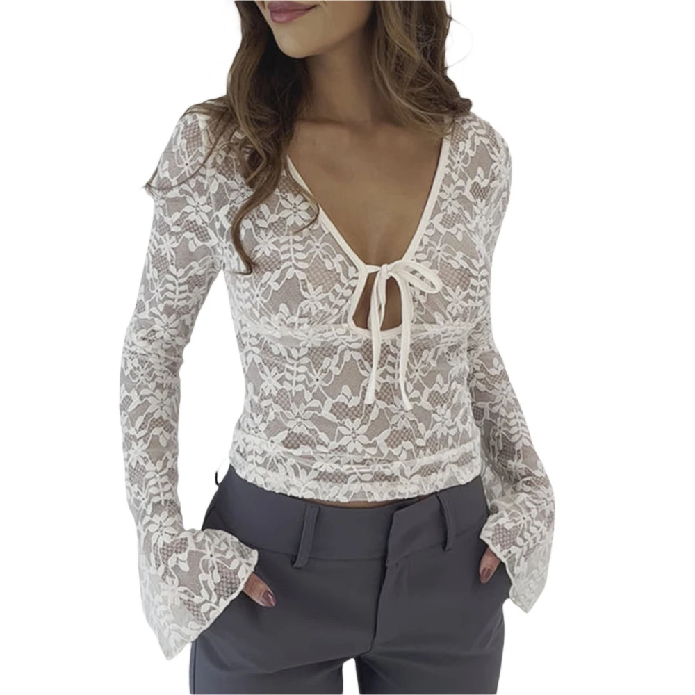 Women's Summer Lace Crop Tops Long Sleeve Tie V-Neck Sheer Blouse