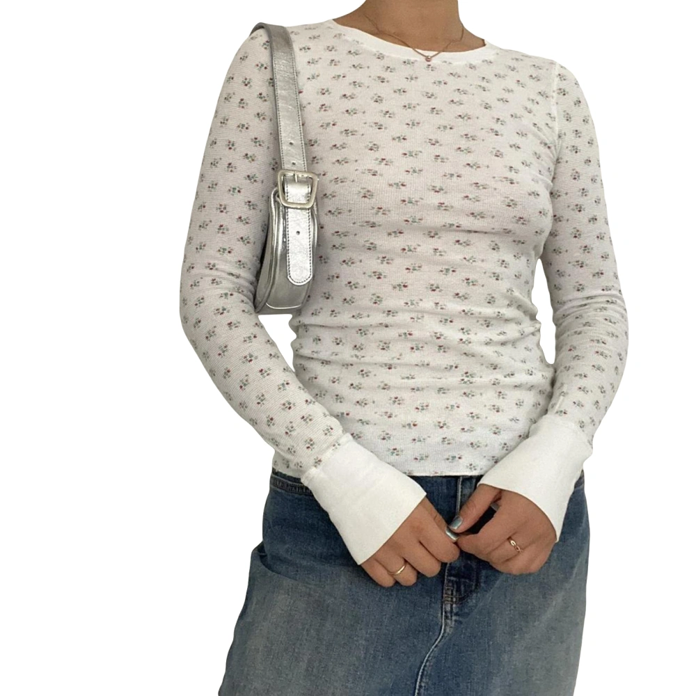 Women T-shirt Long Sleeve Crew Neck Flower Print Slim Fall Tops