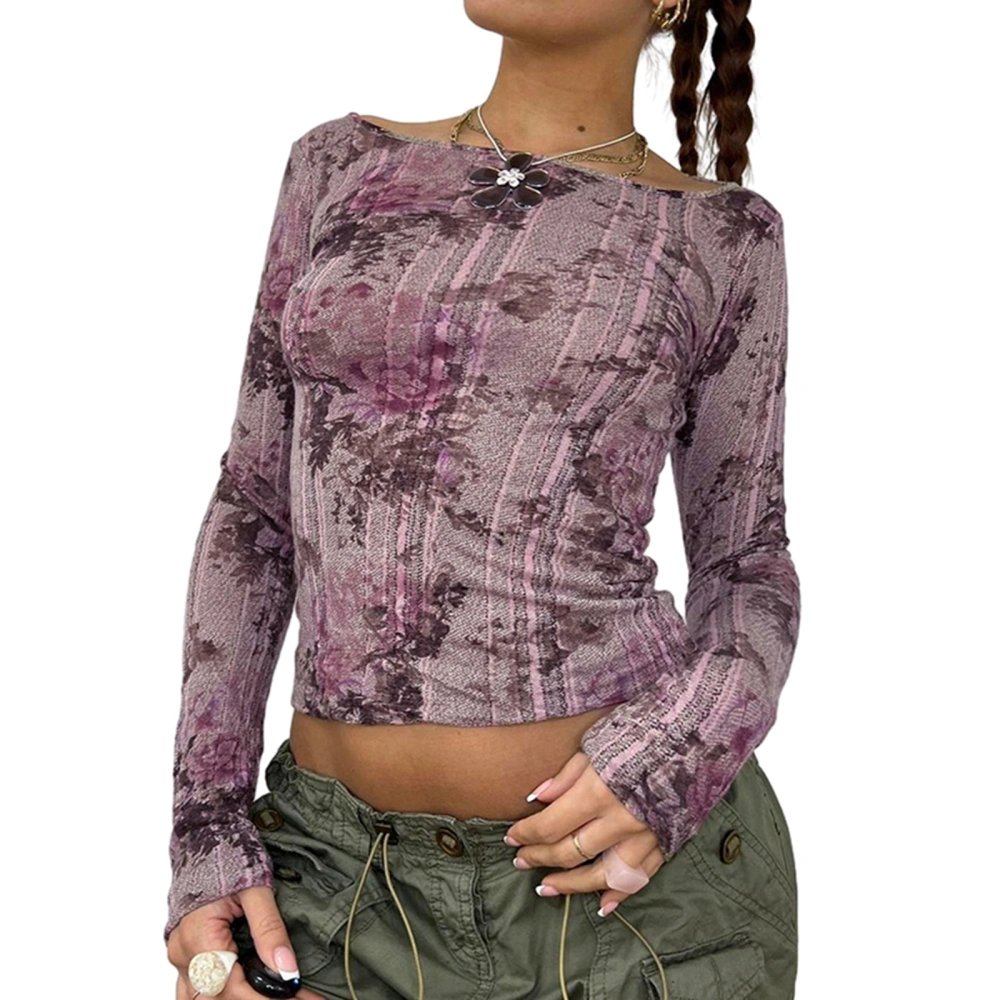 Women's Summer Slim Cropped Tops Floral Print Long Sleeve T-Shirt