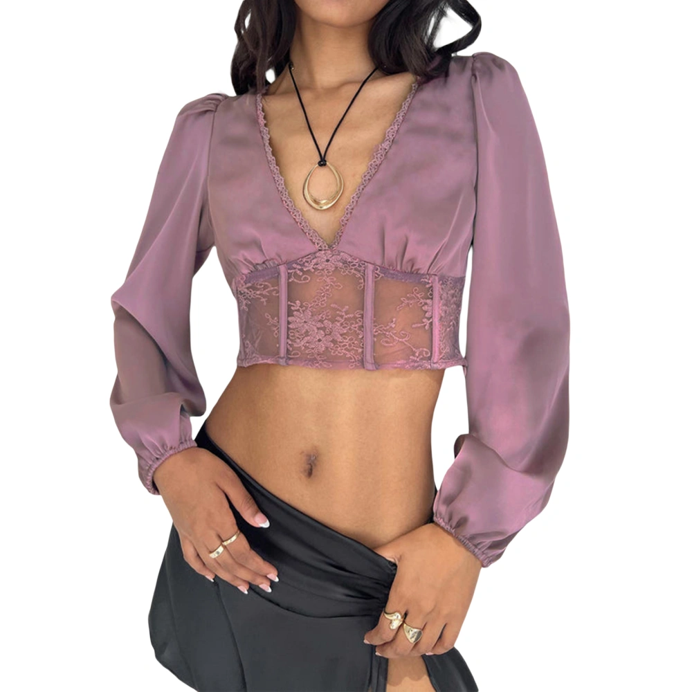 Women's Purple Long Sleeve V Neck Sheer Lace Floral Crop Tops