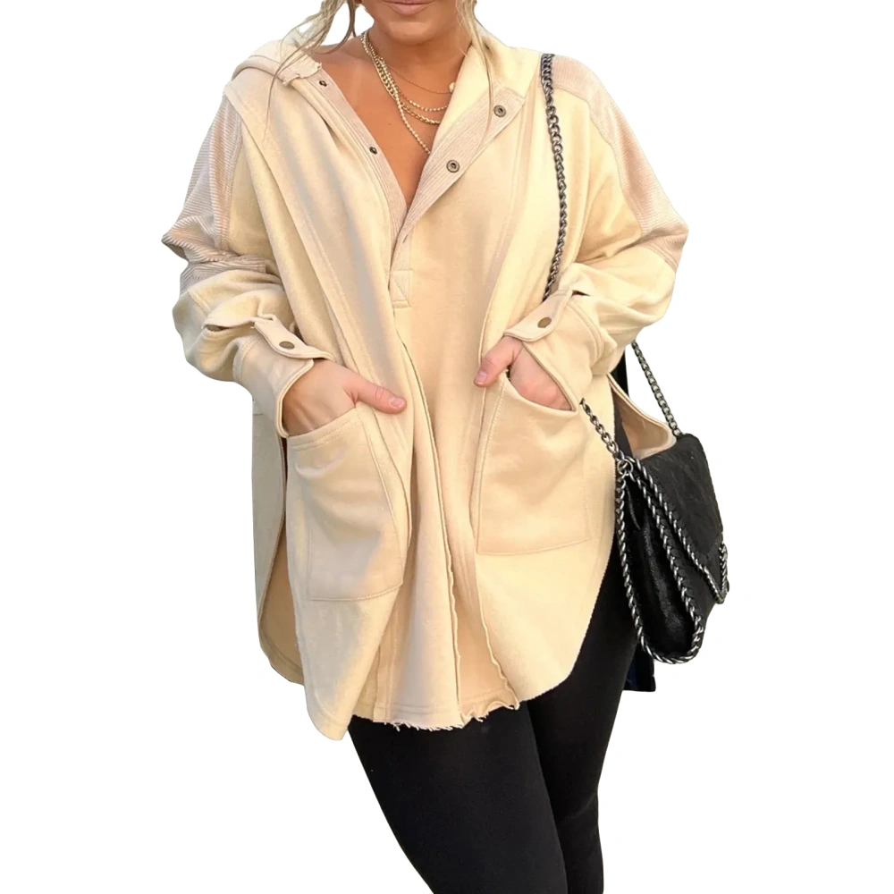 Women Patchwork Hoodies Long Sleeve Button Down Oversized Sweatshirts