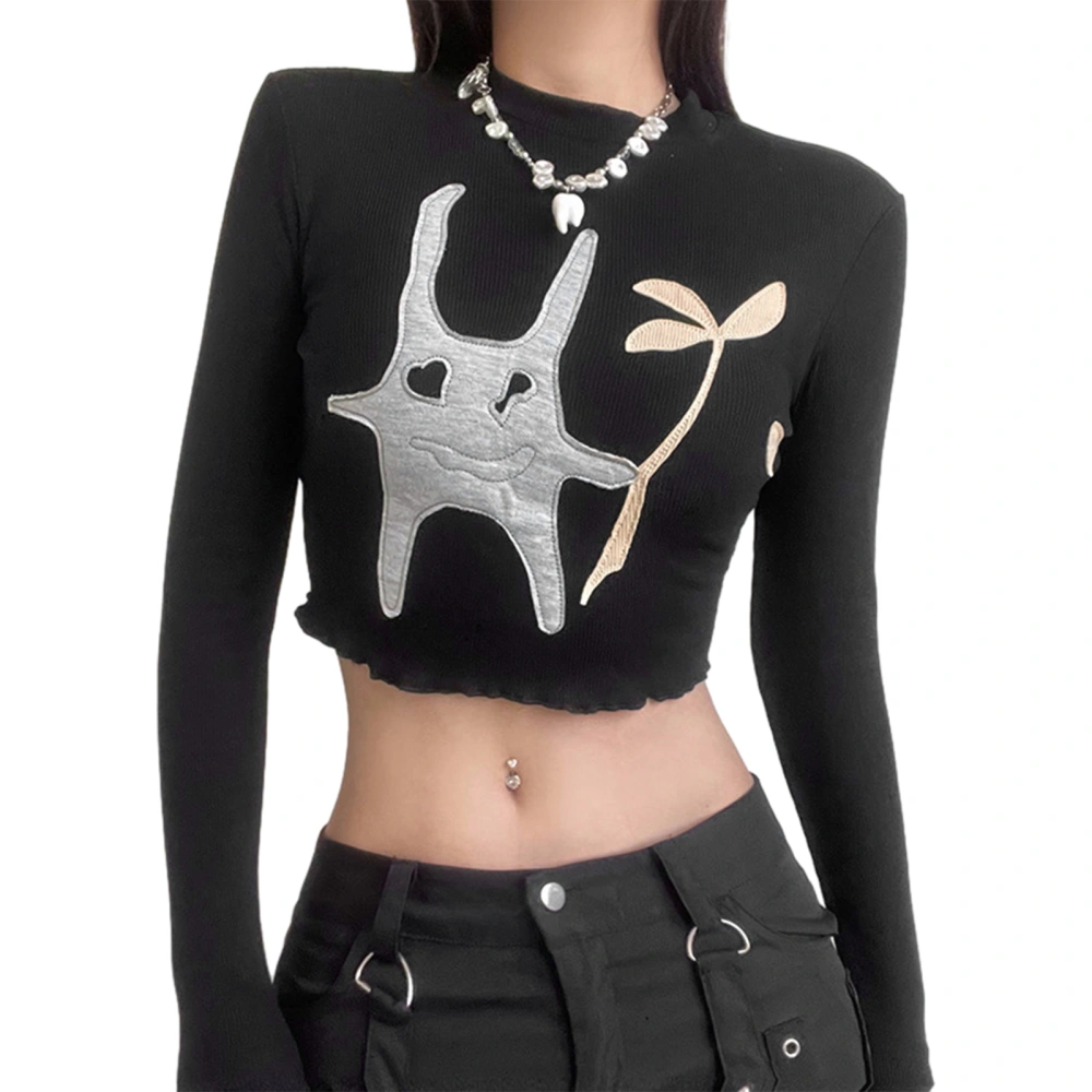 Women T-shirt, Long Sleeve Abstract Patchwork Ladies Crop Top