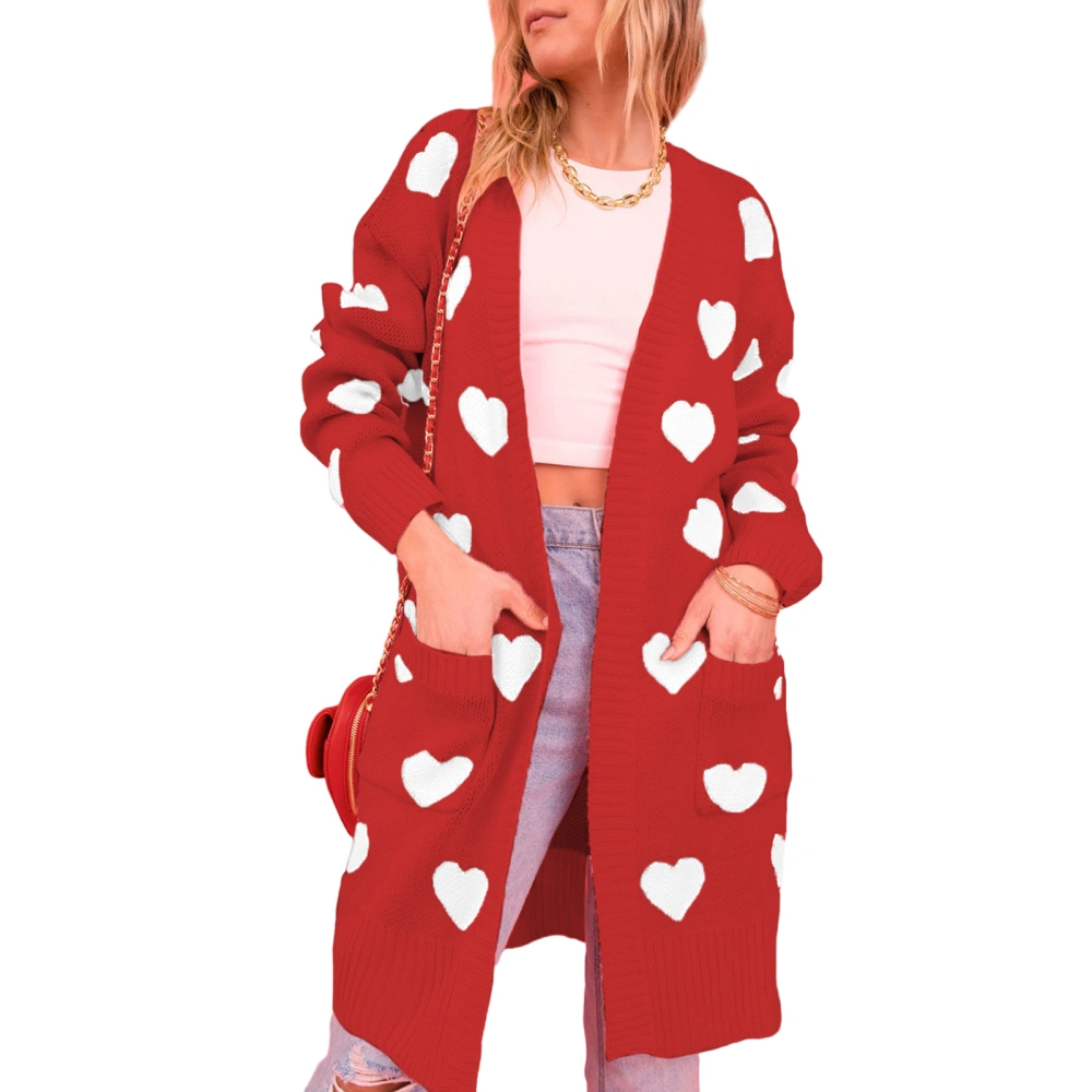 Women Open Front Duster Sweaters Heart Print Cardigans with Pockets 