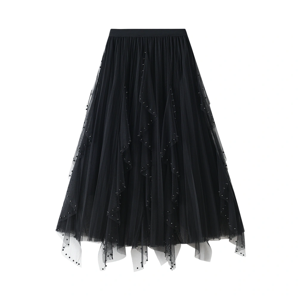 Women's Summer Midi Tulle Skirt Tiered Bead Flowy A-line Skirt