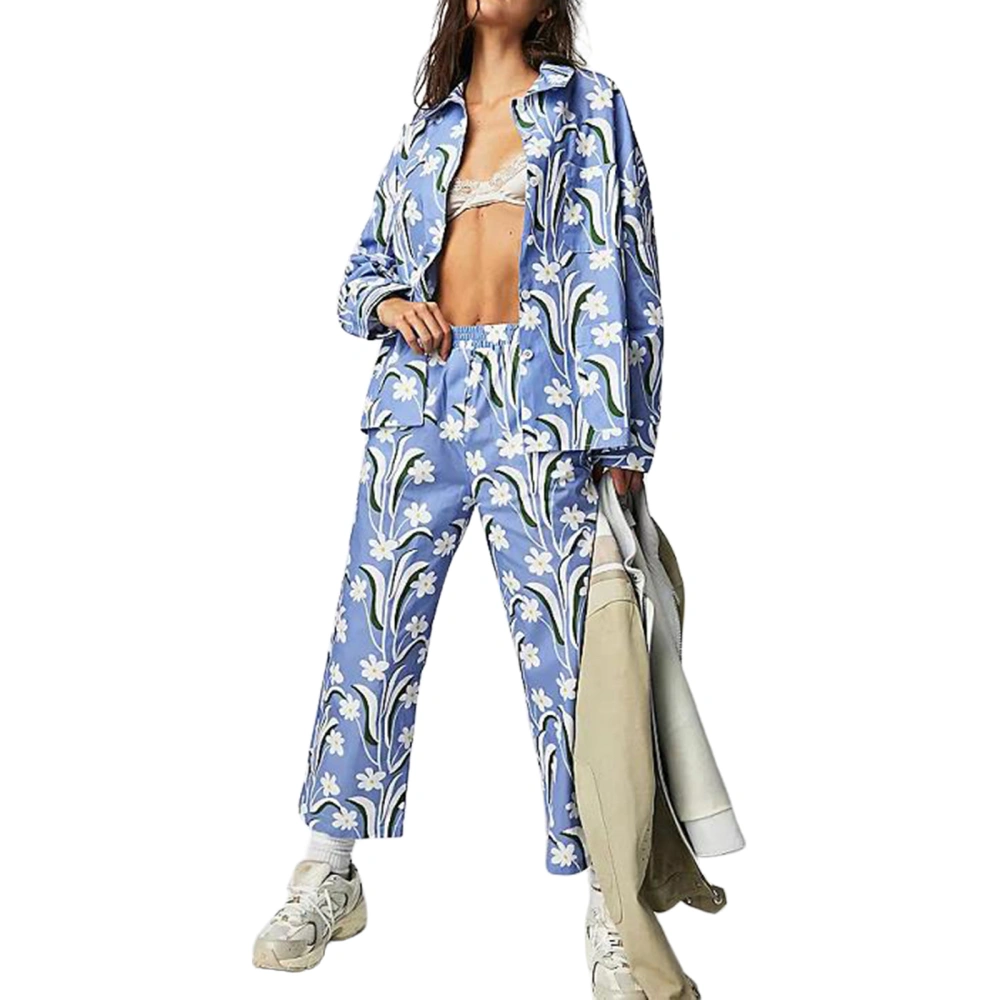 Women's Loungewear Set, Flower Print Long Sleeve Shirt + Pants