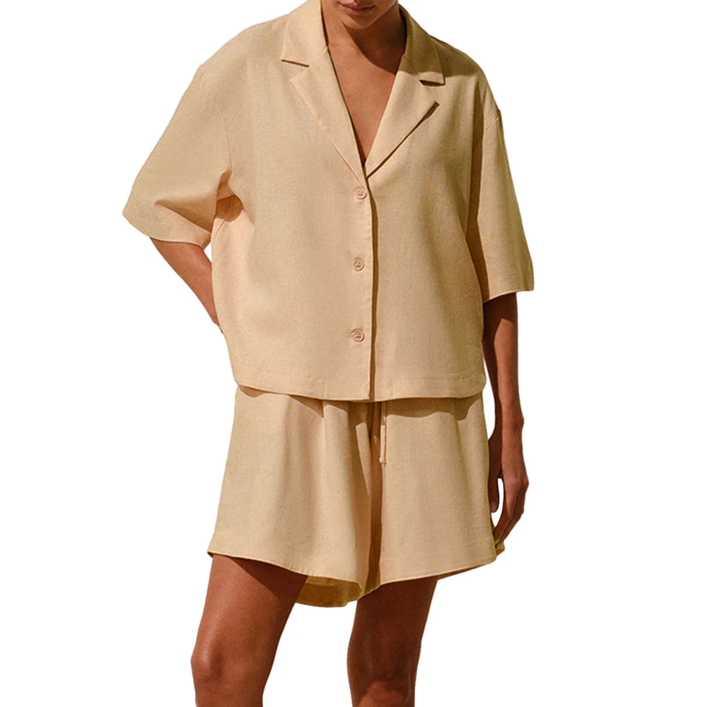 Women 2 Piece Pajama Set Loose Button Shirt and Elastic Shorts