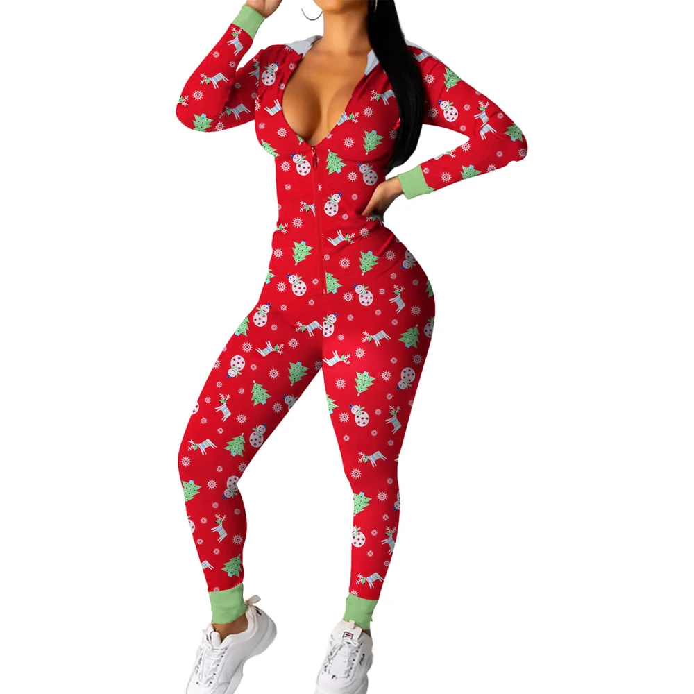 Women's Christmas Pajamas Cute Print Long Sleeve Hooded Jumpsuit