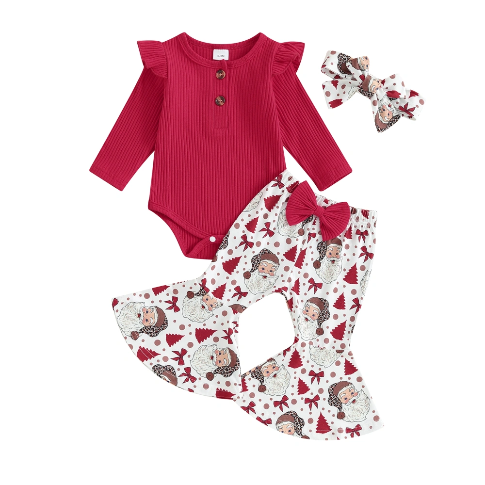 Baby Long Sleeve Romper Santa Claus Print Flared Pants Headband Set