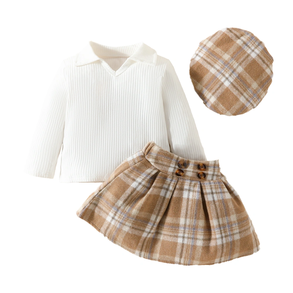 Baby Fall Outfits Solid Color T-Shirts Tops Plaid Skirts Beret Cap