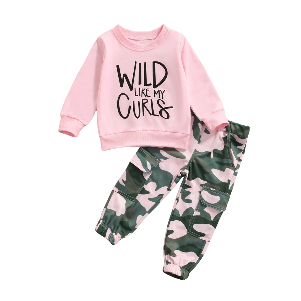 Girls 2 Piece Outfit Letter Print Sweatshirt and Camouflage Pants 