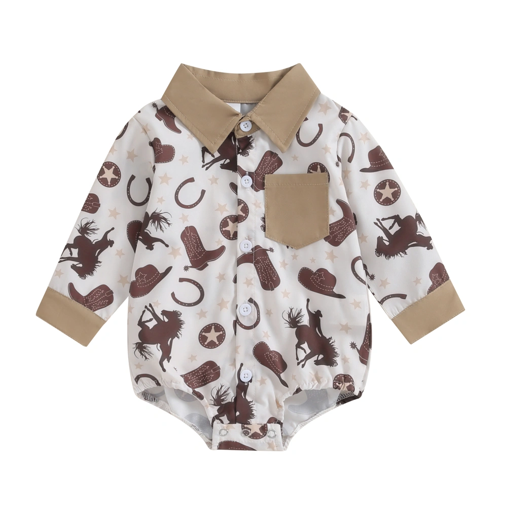 Infant Boy Western Jumpsuit Cartoon Print Lapel Long Sleeve Romper 