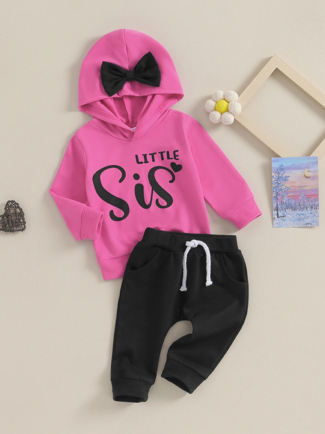 Baby Girl Fall Outfits Letter Print Bowknot Hooded Hoodies Pants