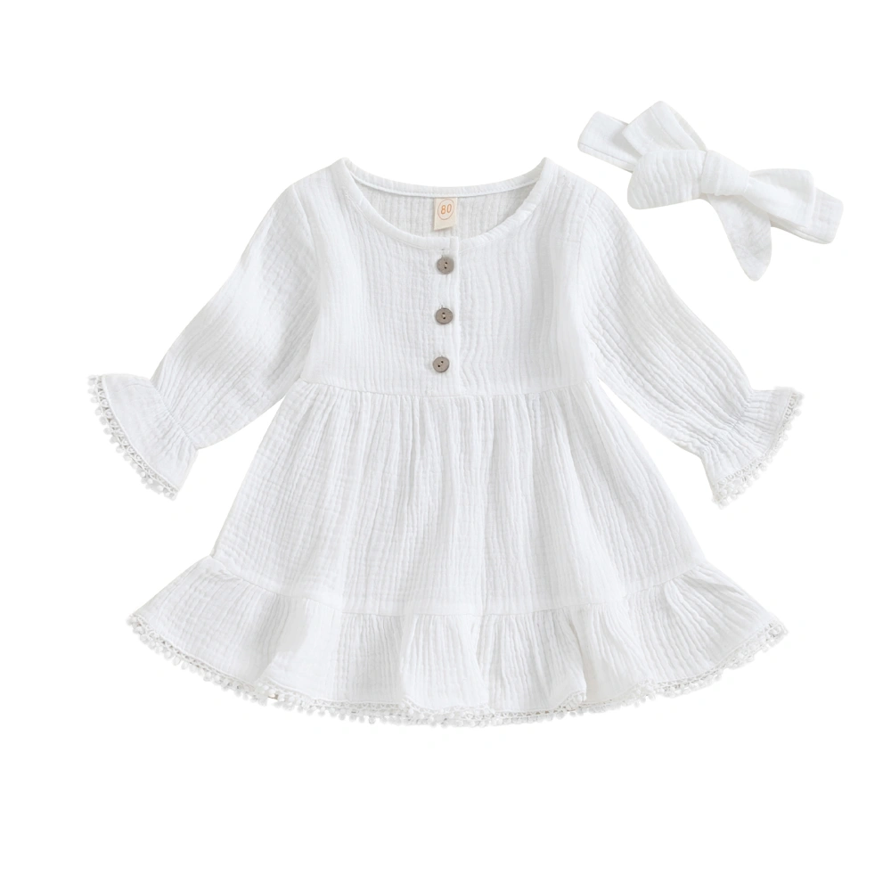 Girls Dress Solid Color Lace Trim Crew Neck Dress with Headband