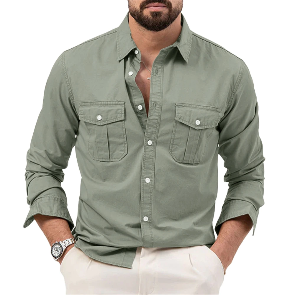 Men's Casual Solid Color Long Sleeve Lapel Button Down Simple Tops