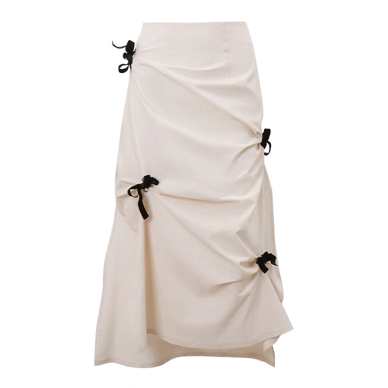 Women's Ruched Long Skirts Vintage High Waist Bow Midi Skirts