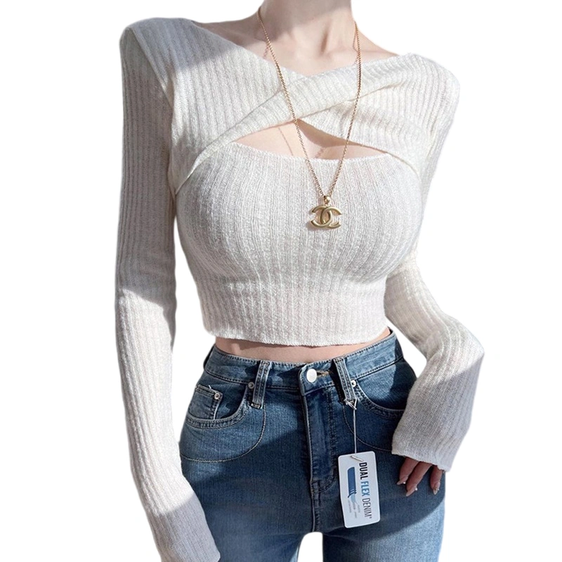 Women Short Knit T-Shirts Solid Color Twist Knot Long Sleeve Shirts