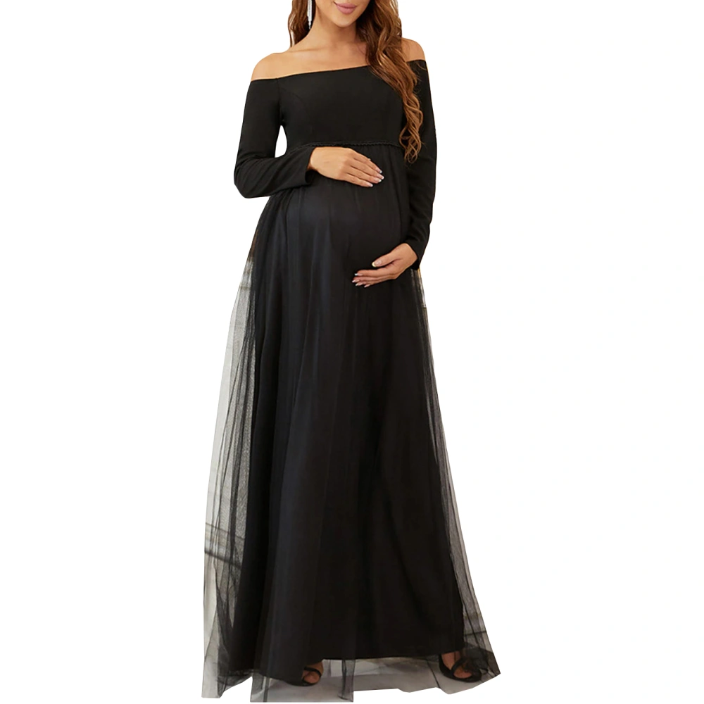 Women's Long Maternity Dress Off Shoulder Long Sleeve Tulle Gown