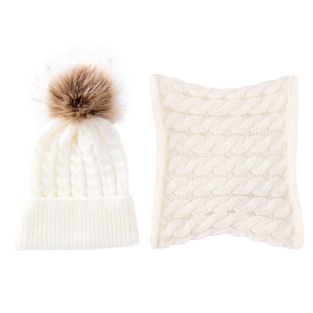 2Pcs Kids Winter Knitted Hat with Pom Pom Crochet Winter Beanie Cap+Scarf