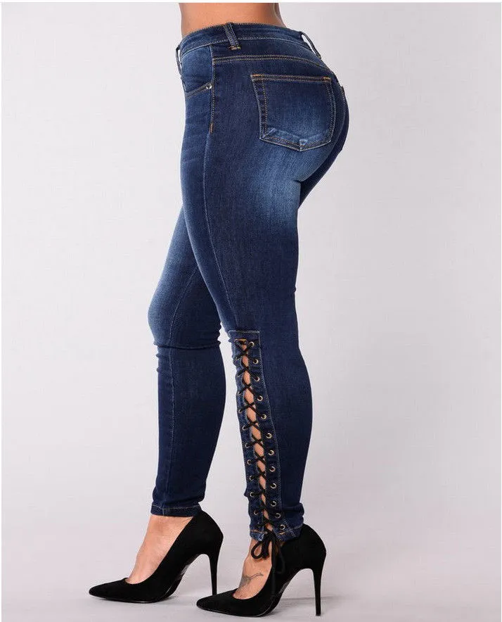 Women High Waist Slim Stretch Jeans Bandage Casual Denim Pants
