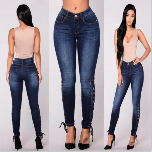 Women High Waist Slim Stretch Jeans Bandage Casual Denim Pants