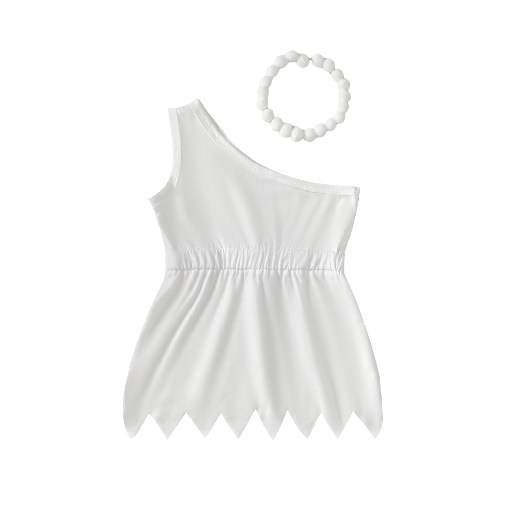 Girls 2-piece Outfit, Sleeveless One-shoulder Dress with Necklace