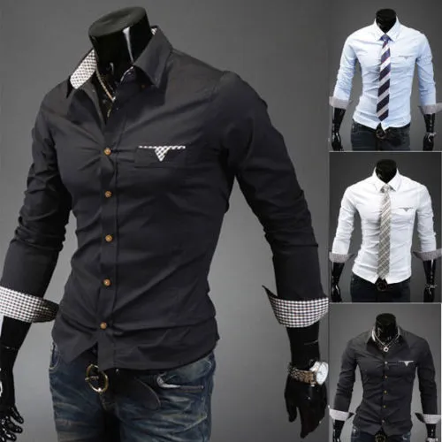 Men's Spring Blouse, Long Sleeve Stitching Folded Collar Buttons Shirt